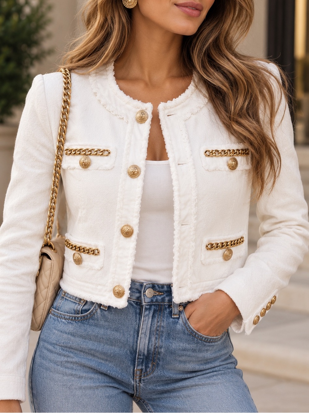 Generation Love White Gold Chain Trim Cropped Jacket Blazer
